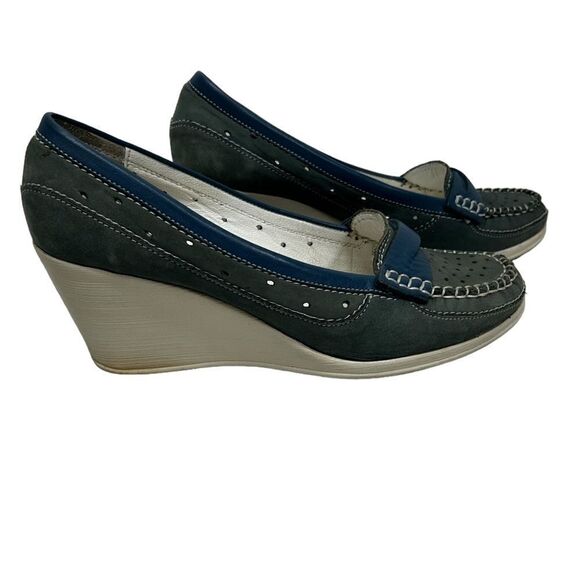 Tanca Green Blue White Wedges with Sailor Nautical Vibes Wedge Boat Shoes - Picture 1 of 9